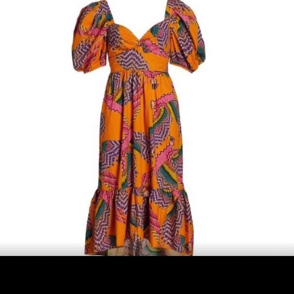 Farm Rio Macau Orange Puff Sleeve Dress - Picture 2 of 5